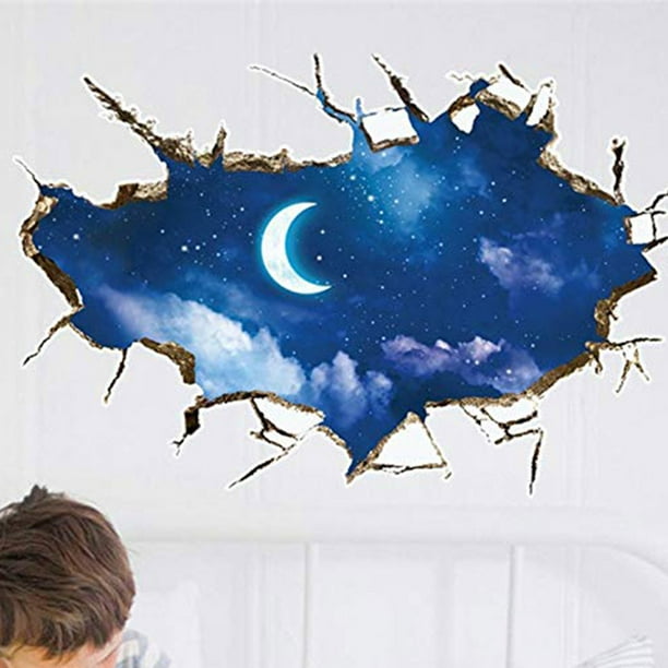 Moon Stars Bedroom Night Scene Beautiful Smashed Wall Decal 3D Art Stickers